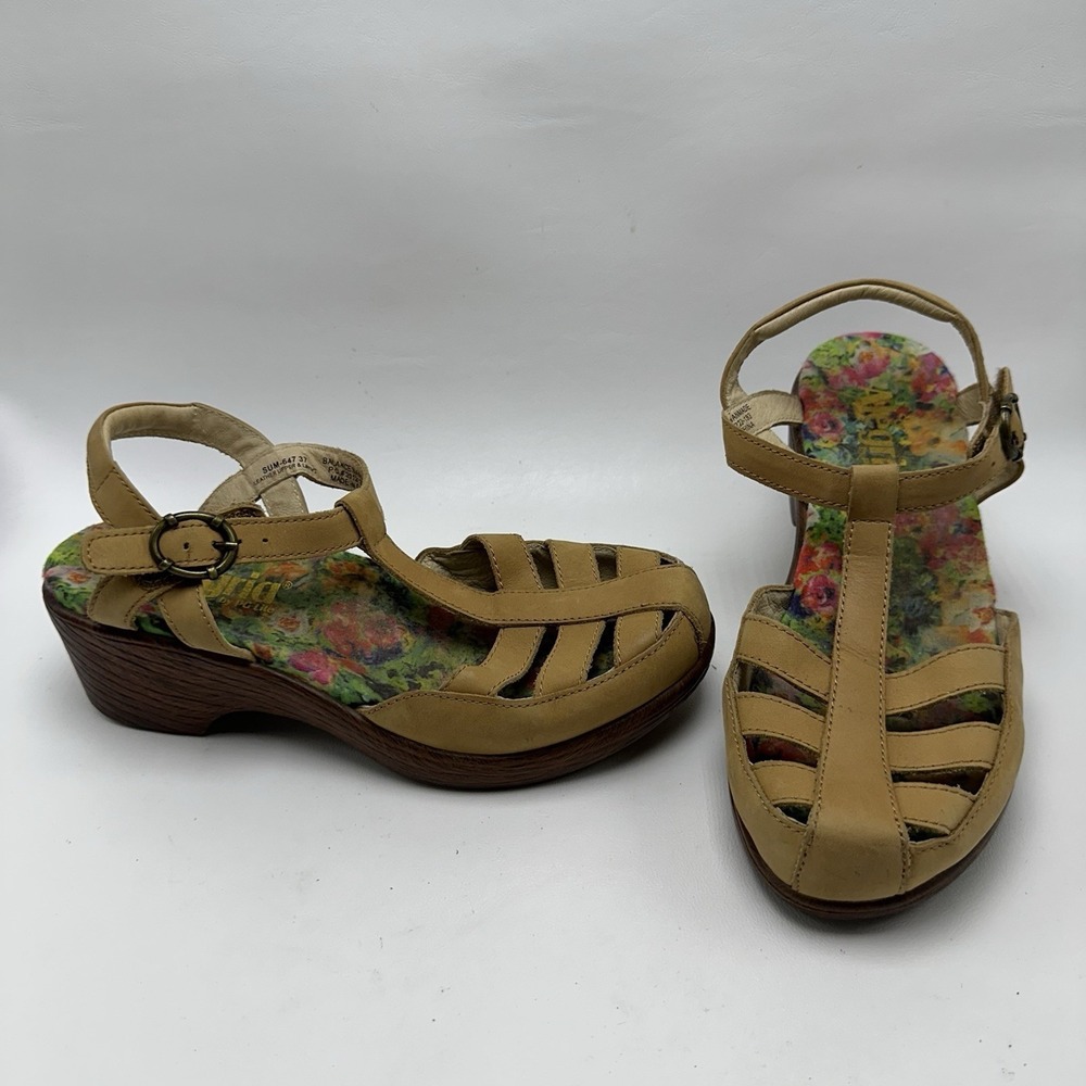 Alegria Pesca Summer Tan Leather T-Strap Wedge Sandals SUM-647 Sz 37 EU US 7-7.5